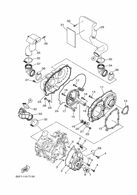 Yamaha 1XD-E5473-01 Duct, Air — shown on the Crankcase Cover 1 parts diagram