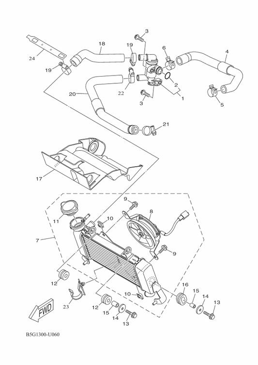 Yamaha BWT-E2405-00 . Blower Assy — shown on the Radiator & Hose parts diagram