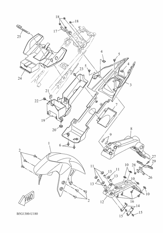 Yamaha BK6-F1613-00 Stay, Fender 1 — shown on the Fender parts diagram