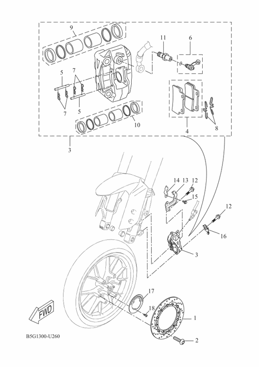 Yamaha 5D7-F3389-00 Guide, Cable — shown on the Front Brake Caliper parts diagram