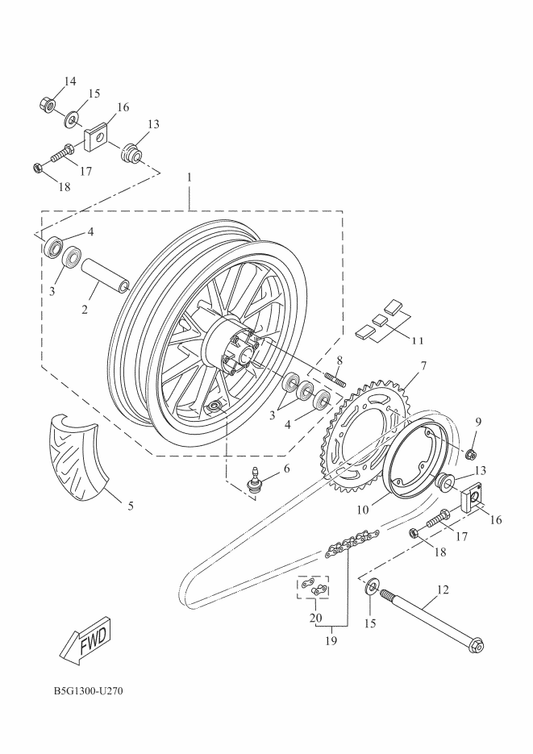 Yamaha B5G-F5370-10 Cast Wheel, Rear — shown on the Rear Wheel parts diagram