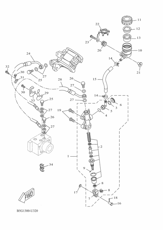 Yamaha B5G-F5873-00 Hose, Brake 2 — shown on the Rear Master Cylinder parts diagram