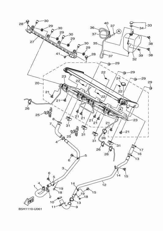 Yamaha B5H-E2675-00 . Bolt, Blower Holding — shown on the Radiator & Hose parts diagram