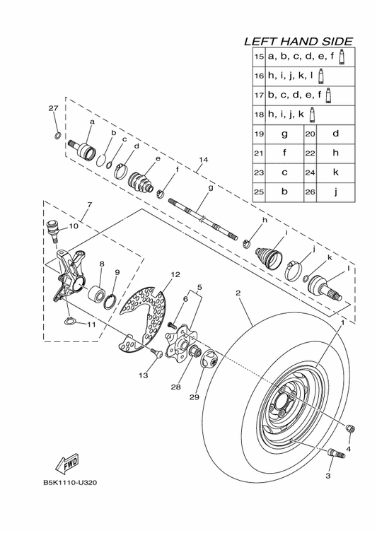 Yamaha 94108-12826 Tire (At25X8-12 Mu19 ***Tl) — shown on the Front Wheel parts diagram
