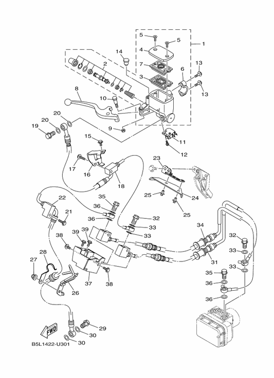 Yamaha B5L-F5887-00 Holder, Brake Hose — shown on the Front Master Cylinder parts diagram