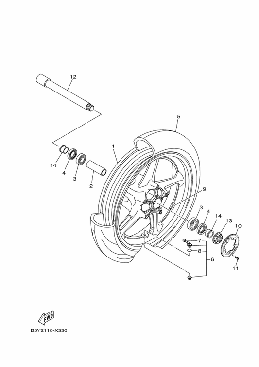 Yamaha B5Y-25168-00-P0 Cast Wheel, Front — shown on the Front Wheel parts diagram