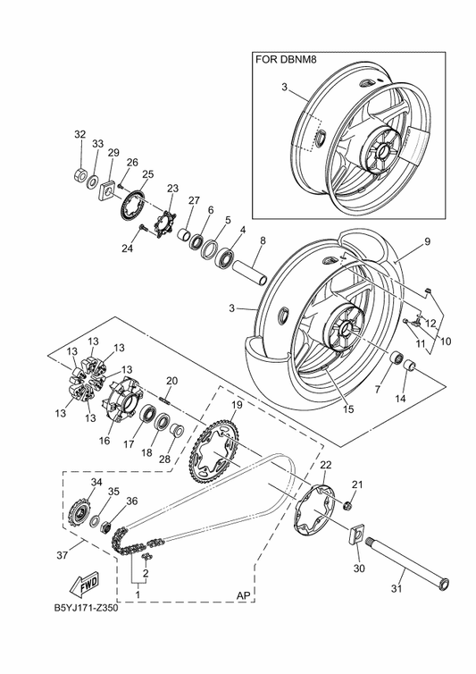 Yamaha B5Y-25188-00 . . Cap — shown on the Rear Wheel parts diagram