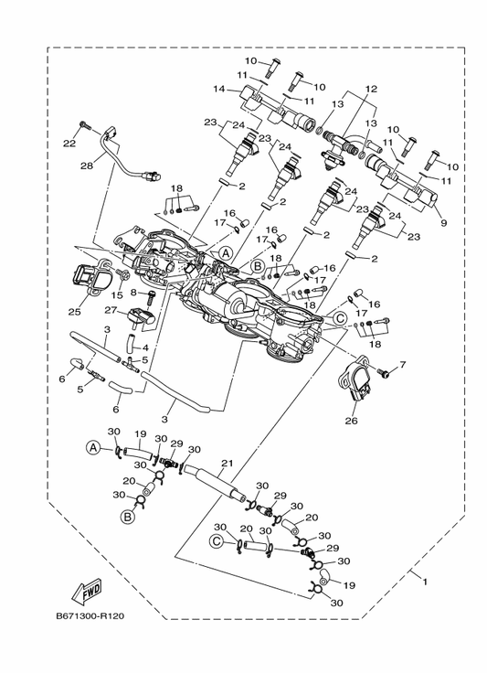 Yamaha 4C8-13761-00 . Injector — shown on the Intake 2 parts diagram