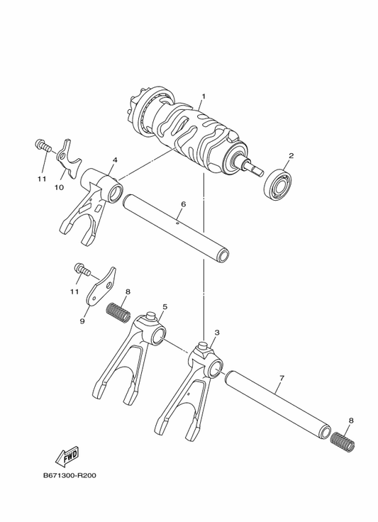 Yamaha 2CR-18513-00 Fork, Shift 3 — shown on the Shift Cam & Fork parts diagram