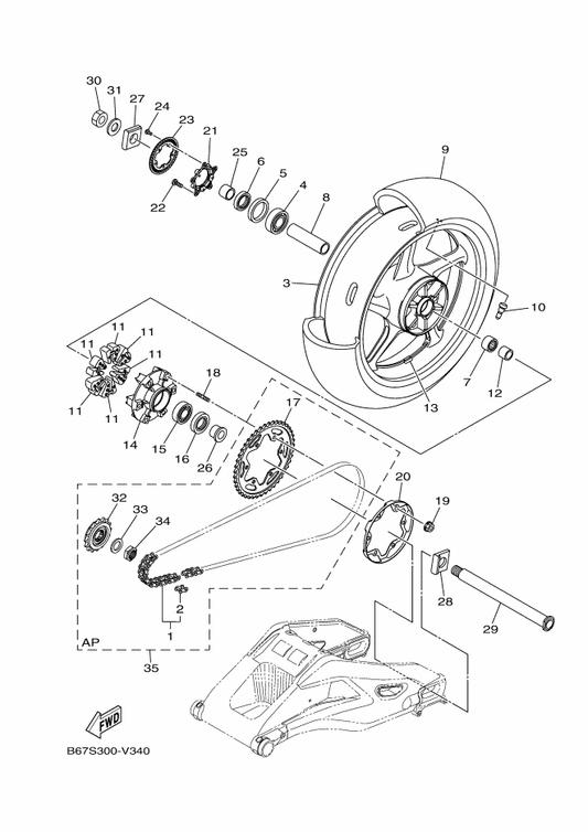 Yamaha B67-25443-00 . Sprocket, Driven (43T) — shown on the Rear Wheel parts diagram