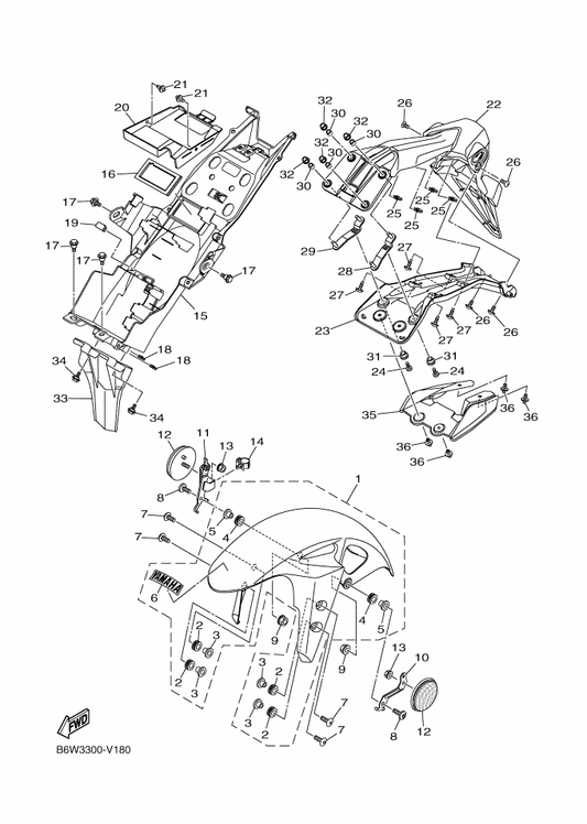 Yamaha BR5-F1611-01 Fender, Rear — shown on the Fender parts diagram