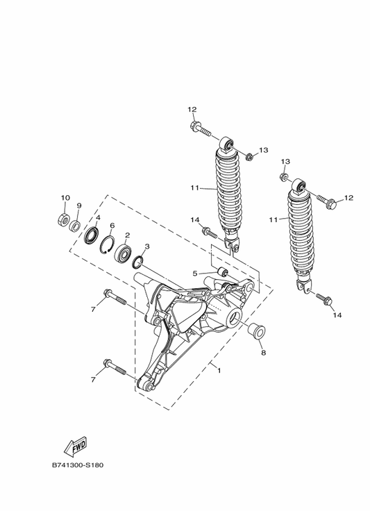 Yamaha B74-F2100-00 Rear Arm Assy — shown on the Rear Arm & Suspension parts diagram