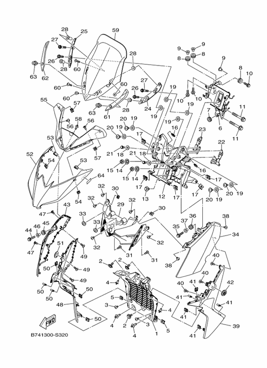 Yamaha B74-F2865-00-P0 Cover, Front — shown on the Windshield parts diagram