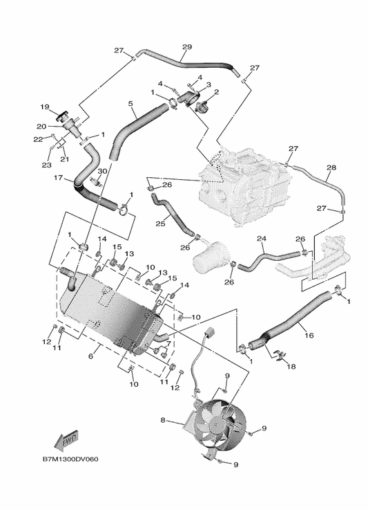 Yamaha B7M-12551-00 Hose 7 — shown on the Radiator & Hose parts diagram