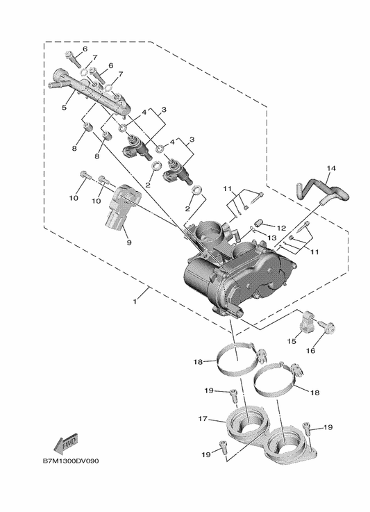 Yamaha B7M-85885-01 . Throttle Sensor Assy — shown on the Intake 2 parts diagram