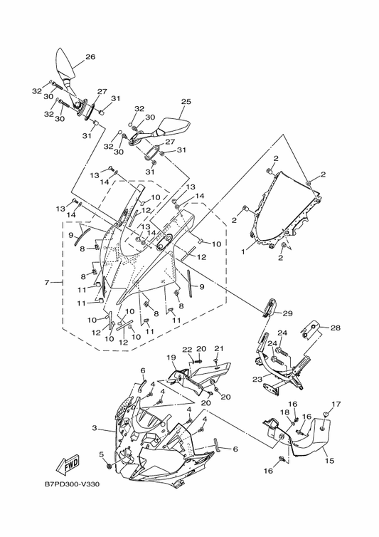 Yamaha BS7-XF83F-10-P1 Body Cowling Sub Assy — shown on the Windshield parts diagram