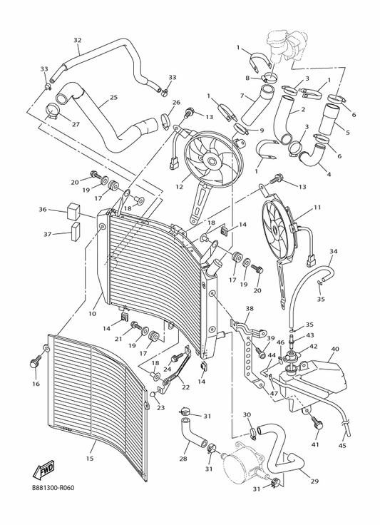 Yamaha 1MC-12405-02 Blower Assy — shown on the Radiator & Hose parts diagram
