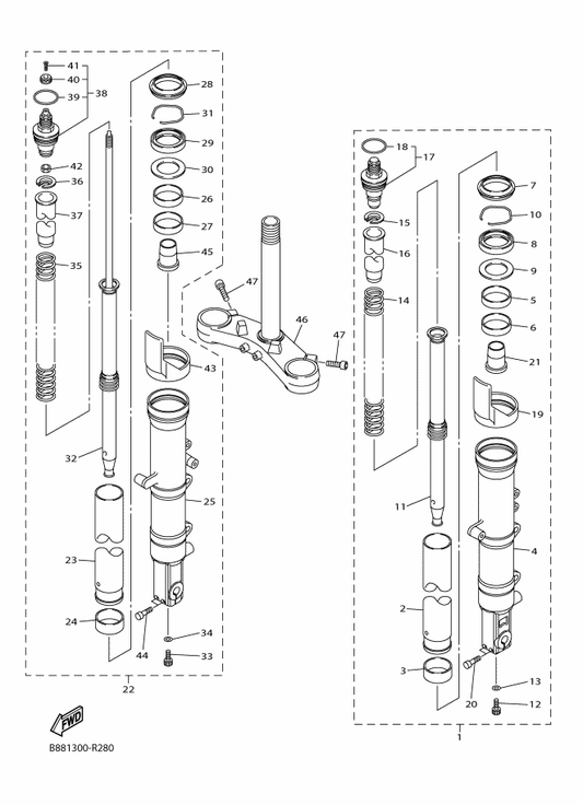 Yamaha 4SV-23144-00 . Seal, Dust — shown on the Front Fork parts diagram