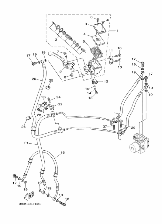 Yamaha B90-2612E-00 Bracket — shown on the Front Master Cylinder parts diagram