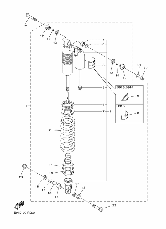 Yamaha B91-22200-20 Shock Absorber Assy, Rear — shown on the Rear Suspension parts diagram