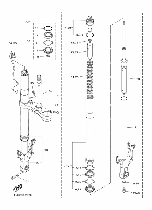 Yamaha 1MD-82509-30 Wire, Sub Lead — shown on the Front Fork parts diagram