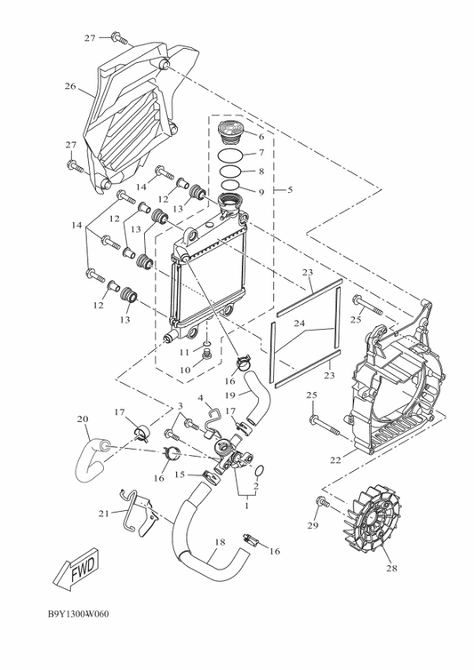 Yamaha B9Y-E2491-00 Clamp 1 — shown on the Radiator & Hose parts diagram