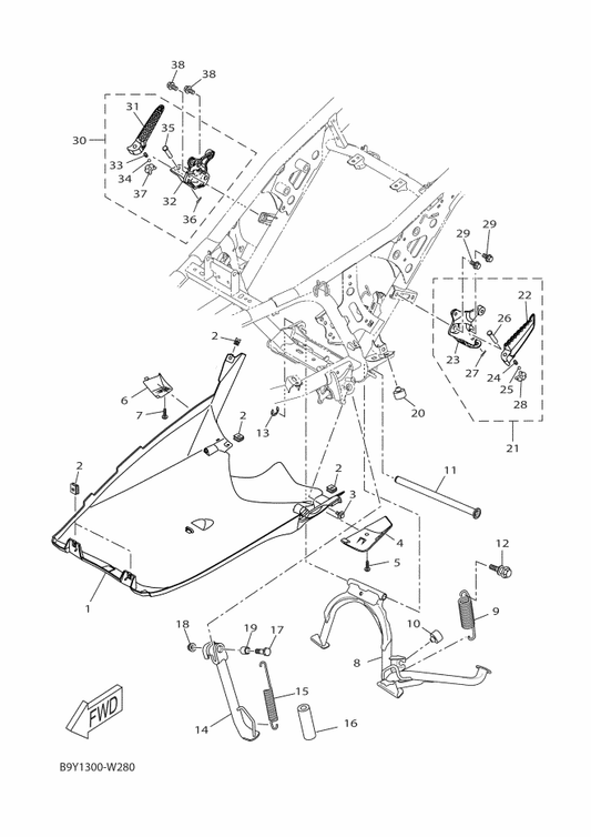 Yamaha B9Y-F8385-00 Cover, Lower — shown on the Stand & Footrest parts diagram