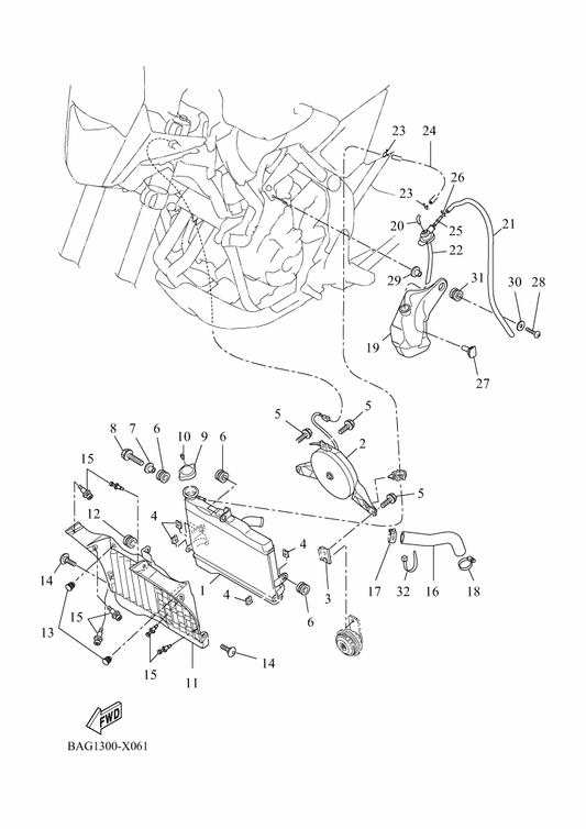 Yamaha BAG-E2498-00 Protector — shown on the Radiator & Hose parts diagram