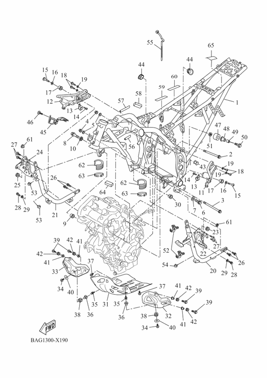 Yamaha 90111-10054 Bolt, Hexagon Socket Button — shown on the Frame parts diagram