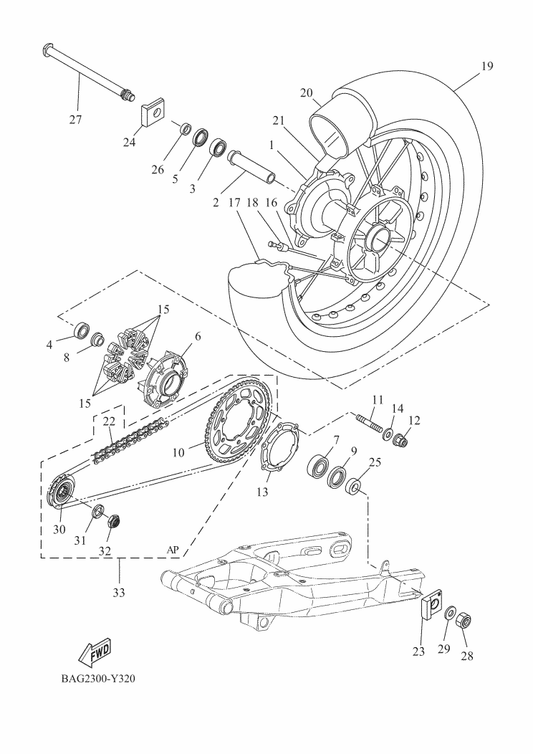 Yamaha BW3-F5446-00 Sprocket, Driven (46T) — shown on the Rear Wheel parts diagram
