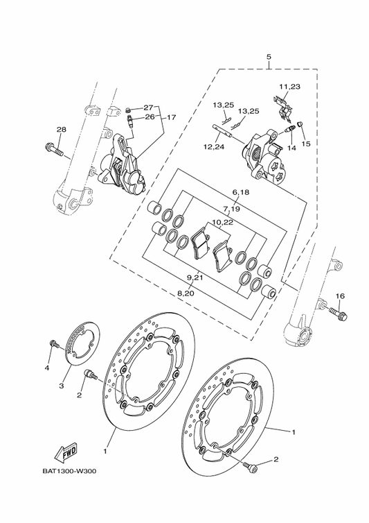 Yamaha 1WS-2580U-00 Caliper Assy (Right) — shown on the Front Brake Caliper parts diagram