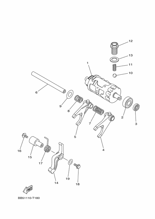 Yamaha BB5-18540-00 Shift Cam Assy — shown on the Shift Cam & Fork parts diagram