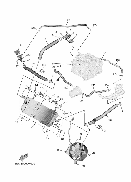 Yamaha BBW-12477-00 Pipe 7 — shown on the Radiator & Hose parts diagram