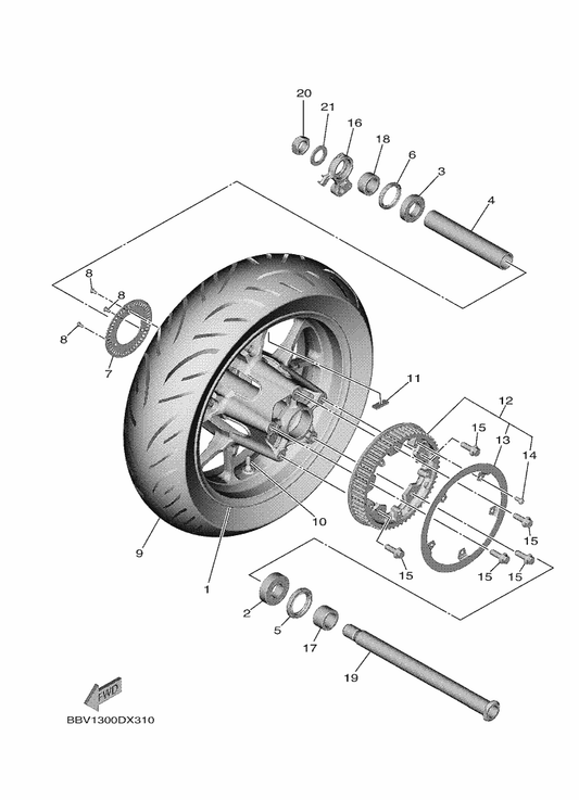 Yamaha BBW-25338-00-P0 Cast Wheel, Rear — shown on the Rear Wheel parts diagram