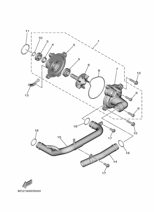 Yamaha BC3-12482-00 Pipe 2 — shown on the Water Pump parts diagram