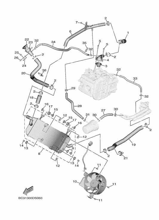 Yamaha 90445-16024 Hose — shown on the Radiator & Hose parts diagram