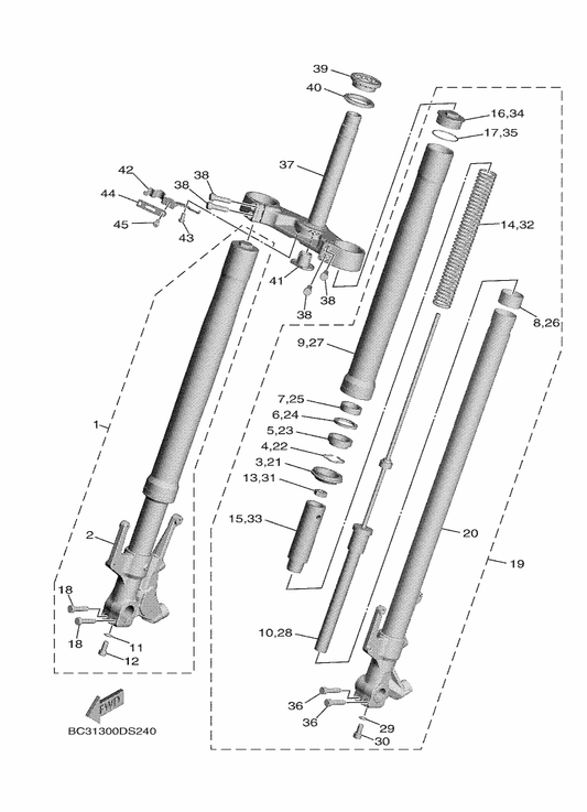 Yamaha BC3-23102-00 Front Fork Assy (L.H) — shown on the Front Fork parts diagram