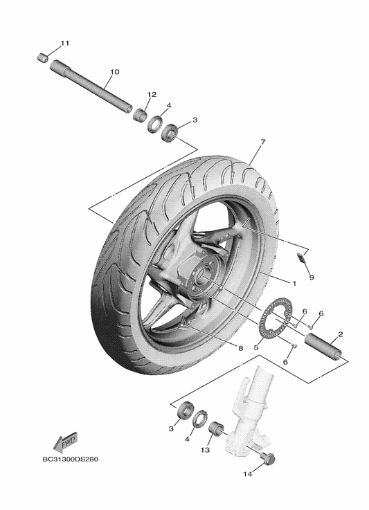 Yamaha 94112-15015 Tire (120/70R15 M/C56H T/L Dl) — shown on the Front Wheel parts diagram