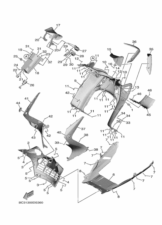 Yamaha BC3-2835V-02-P0 Panel 2 — shown on the Leg Shield parts diagram
