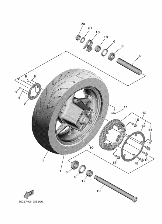 Yamaha 94116-15020 Tire (160/60R15 M/C67H T/L Dl) — shown on the Rear Wheel parts diagram