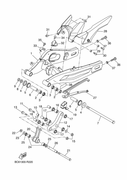 Yamaha B34-F1668-00 Label, Tire — shown on the Rear Arm parts diagram