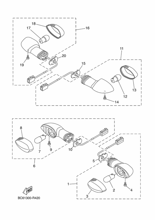 Yamaha 1WS-83330-00 Rear Flasher Light Assy 1 — shown on the Flasher Light parts diagram