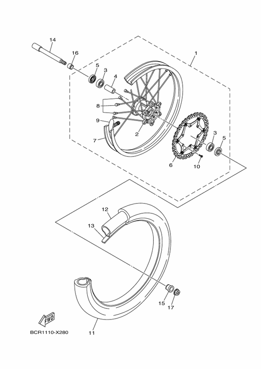 Yamaha 5XC-25183-G0 Collar, Wheel — shown on the Front Wheel parts diagram