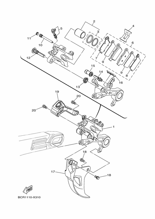 Yamaha BCR-2580W-00 Caliper Assy, Rear 2 — shown on the Rear Brake Caliper parts diagram