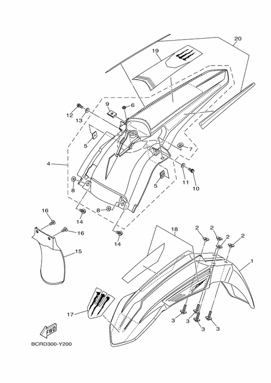 Yamaha B2W-21578-00 Emblem — shown on the Fender parts diagram