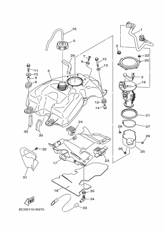 Yamaha 3C5-2414N-00 Damper, Plate 4 — shown on the Fuel Tank parts diagram