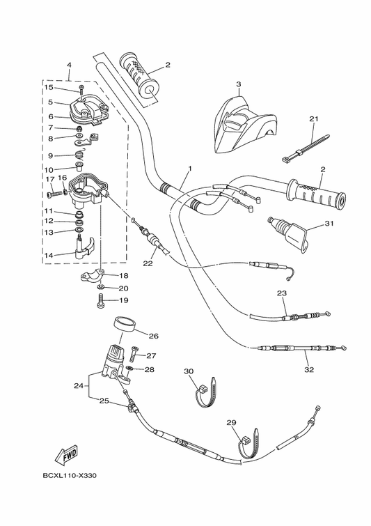 Yamaha 1S3-26150-10 Rev. Lever Assy. — shown on the Steering Handle & Cable parts diagram