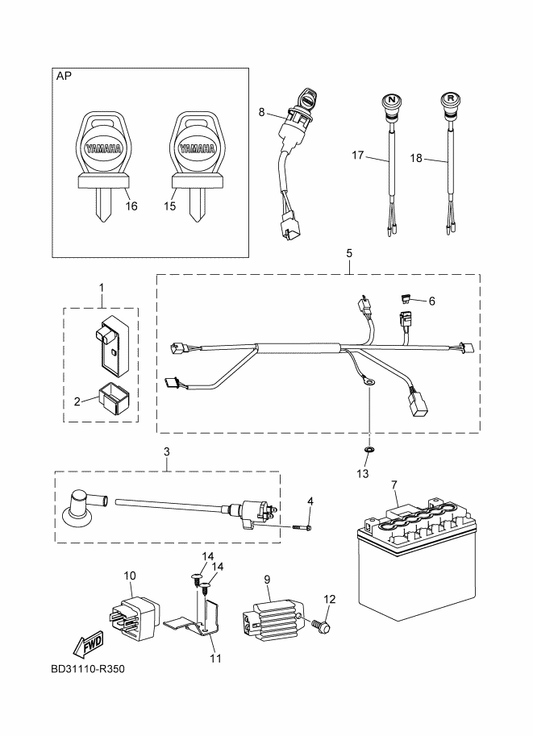Yamaha BD3-F2969-00 Screw 1 — shown on the Electrical 1 parts diagram