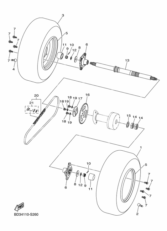 Yamaha BW4-F3459-00 Bolt — shown on the Rear Axle & Wheel parts diagram