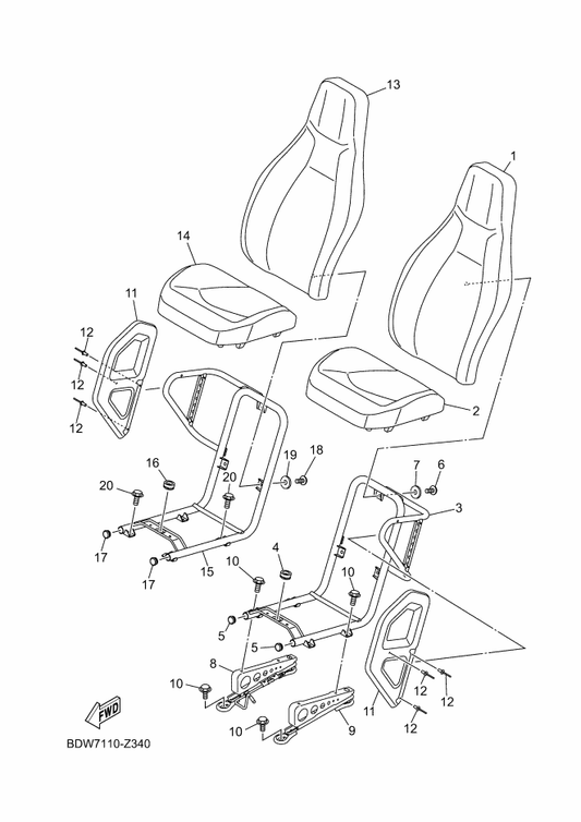 Yamaha BDW-F7270-00 Adjuster Assy — shown on the Seat parts diagram